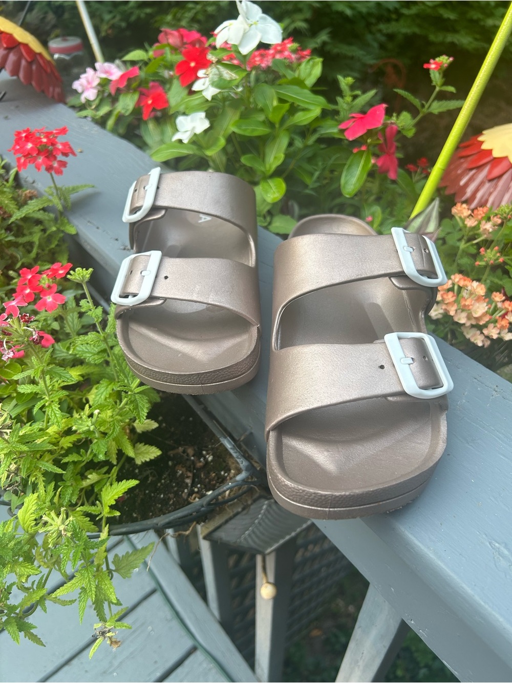 Metallic Taupe Double-Buckle Mia Slide Sandals 9